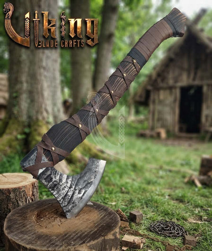 True Hand-Forged Viking Bearded Axe 30" | Leather-Wrapped Fanned Skeggøx