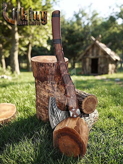 True Hand-Forged Viking Bearded Axe 30" | Leather-Wrapped Upswept Skeggøx