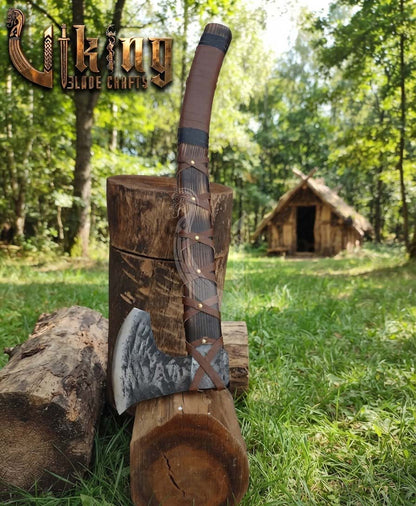 True Hand-Forged Viking Bearded Axe 30" | Leather-Wrapped Curved Skeggøx