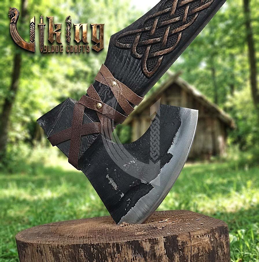 Hand-Forged Viking Bearded Axe 30" | Norse Knotwork Carved Curved Ashwood