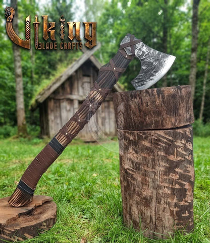 True Hand-Forged Viking Bearded Axe 30" | Leather-Wrapped Ergonomic Skeggøx