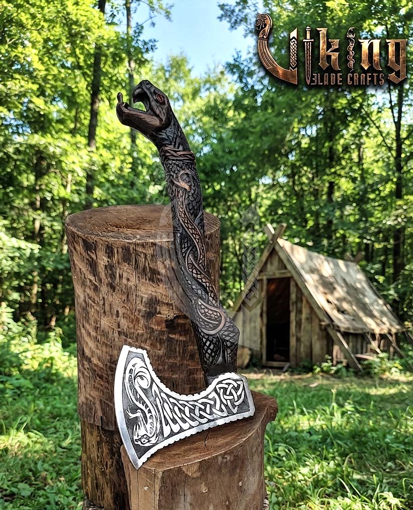 The Jormungandr Wrath 23" Hand-Forged Norse Serpent Carved Rosewood Axe