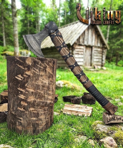 Ragnar-Inspired Damascus Viking Axe | Curved Ashwood Leather-Wrapped
