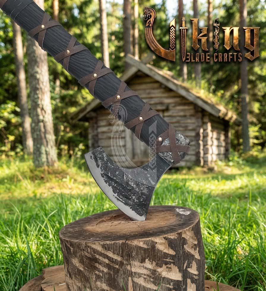 True Hand-Forged Viking Bearded Axe 30" | Leather-Wrapped Broad-Beard Skeggøx