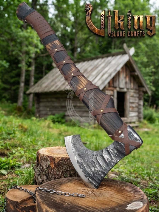 True Hand-Forged Viking Bearded Axe 30" | Leather-Wrapped S-Curve Skeggøx