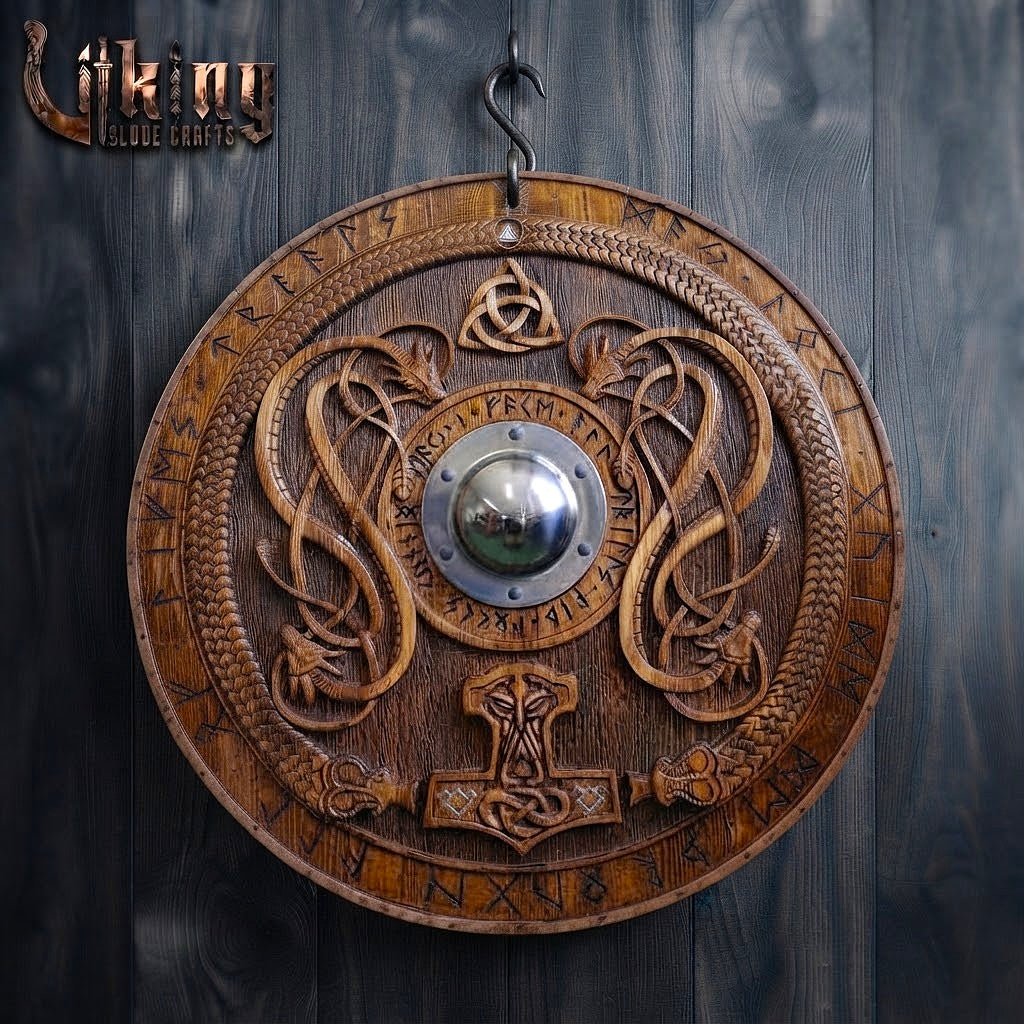 The Thunderer’s Bastion: Mjölnir & Twin Dragon Relief Viking Shield