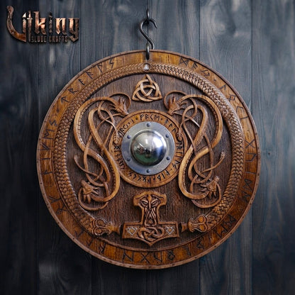 The Thunderer’s Bastion: Mjölnir & Twin Dragon Relief Viking Shield