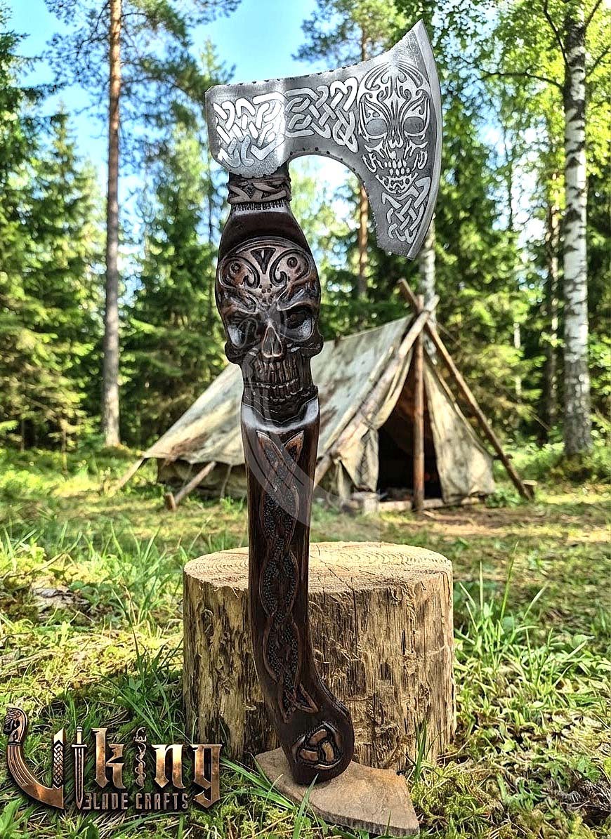 Hand-Forged 23" Norse Skull Carved Rosewood Axe | Skull Etched