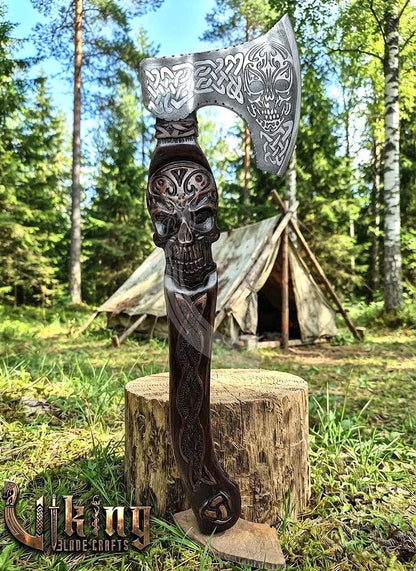 Hand-Forged 23" Norse Skull Carved Rosewood Axe | Skull Etched