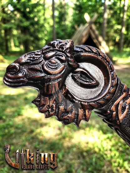 Hand-Forged 23" Norse Goat Carved Rosewood Axe | Goat Etched