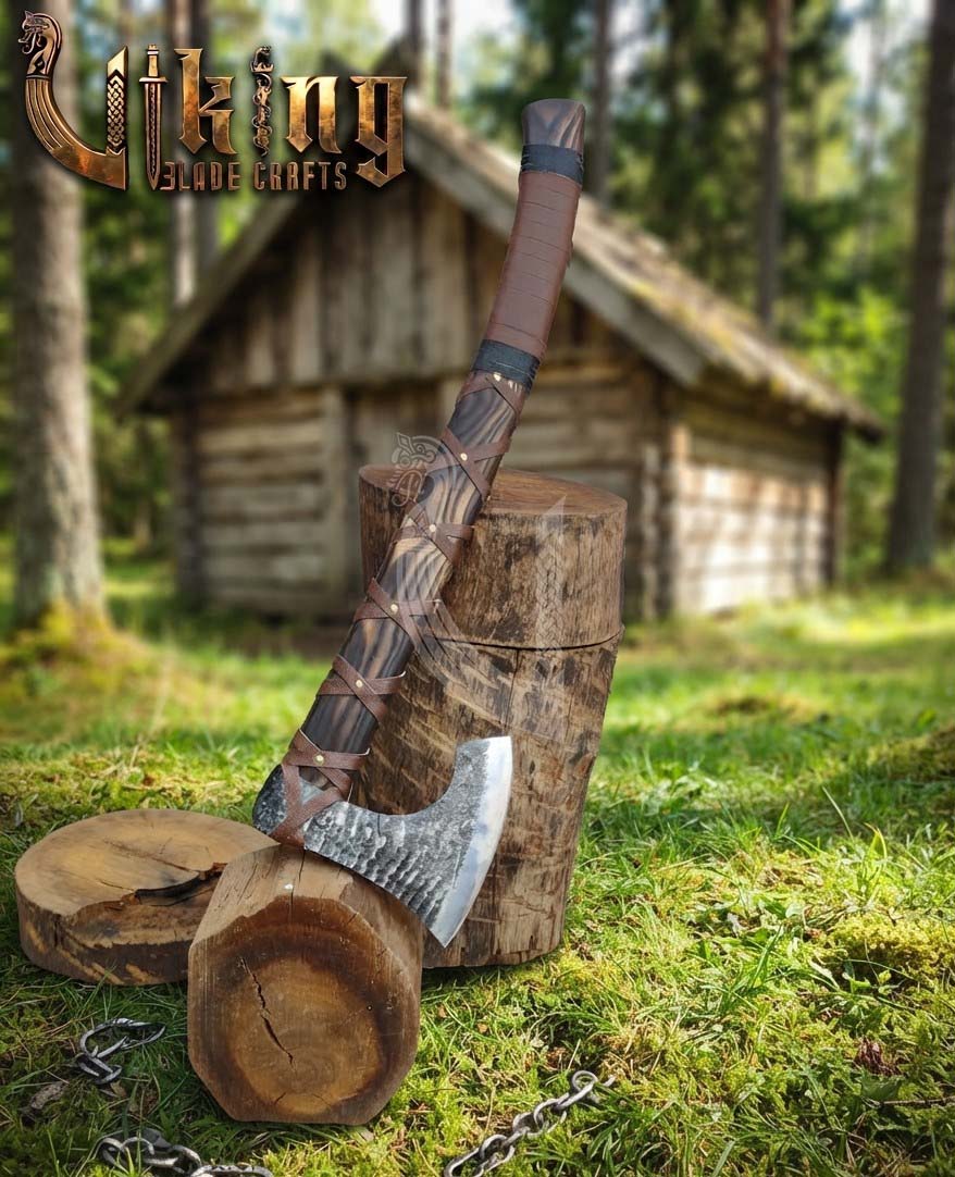 True Hand-Forged Viking Bearded Axe 30" | Leather-Wrapped Fanned Skeggøx