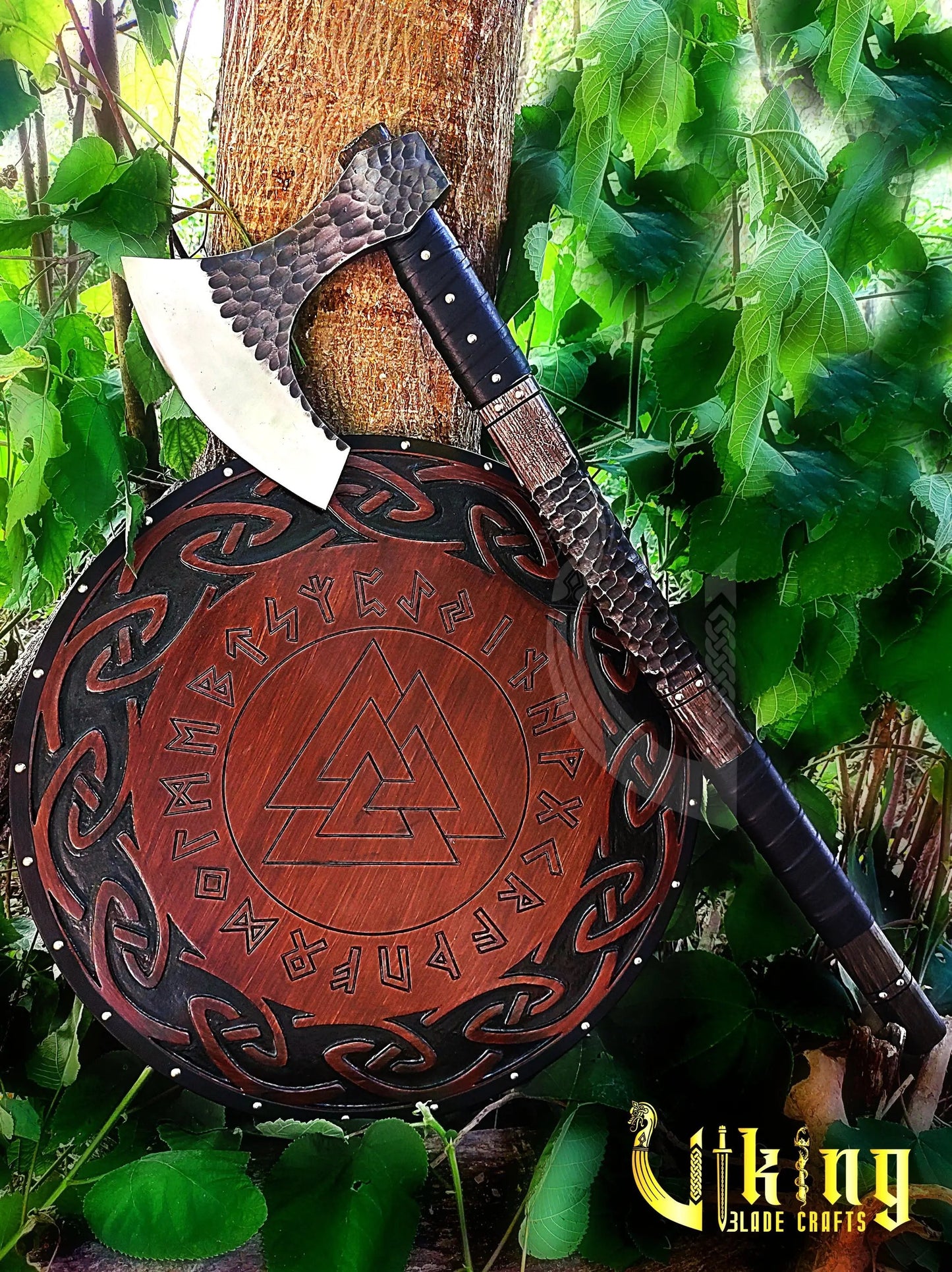 Handmade Vegvisir 36" Long Viking Axe & Rune-Engraved Valknut Shield – Norse Battle Set Viking Blade Crafts