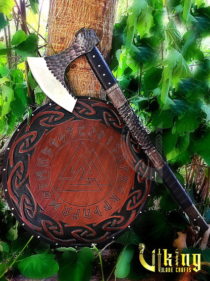 Handmade Vegvisir 36" Long Viking Axe & Rune-Engraved Valknut Shield – Norse Battle Set Viking Blade Crafts