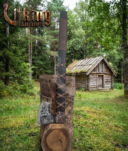 True Hand-Forged Viking Bearded Axe 30" | Leather-Wrapped Corrugated Skeggøx