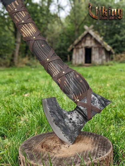 True Hand-Forged Viking Bearded Axe 30" | Leather-Wrapped Sculpted Skeggøx