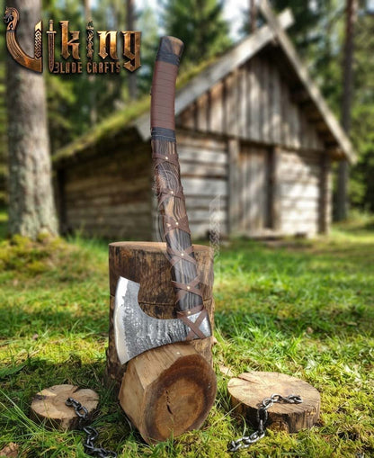 True Hand-Forged Viking Bearded Axe 30" | Leather-Wrapped Fanned Skeggøx