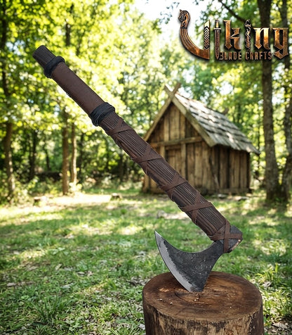 Ragnar-Inspired Viking Bearded Axe | Dark Brown Leather-Wrapped