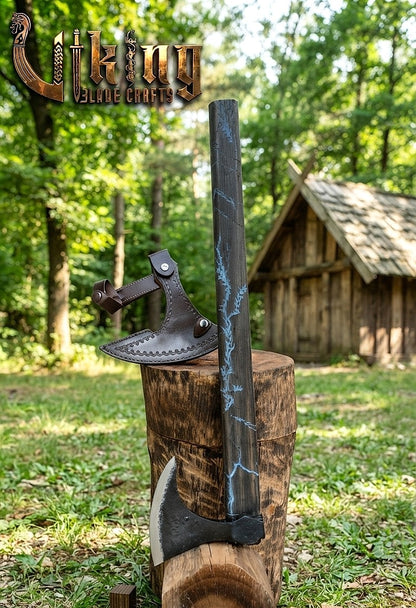 Ragnar-Inspired Viking Axe | Blue Engraved Ashwood Handle
