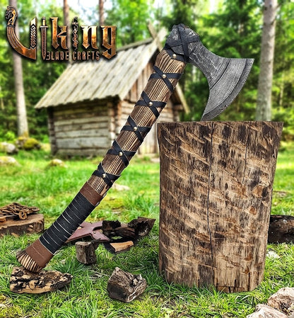 Ragnar-Inspired Damascus Viking Axe | Curved Ashwood Leather-Wrapped