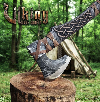 Ringerike-Style Viking Bearded Axe 30" | Curved Carved Haft & Flat Poll