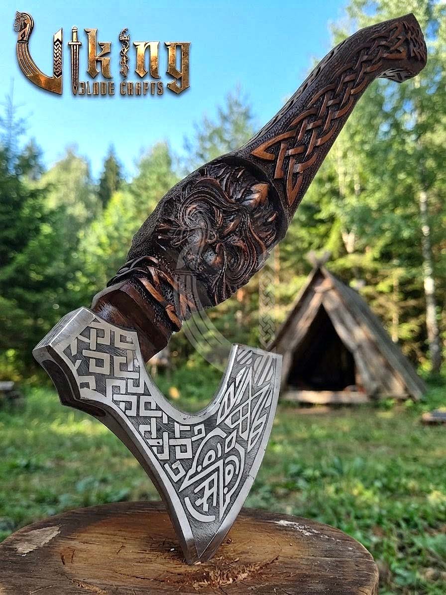 Norse Owl 23" Rosewood Axe | Hand-Forged & Carved Viking Axe