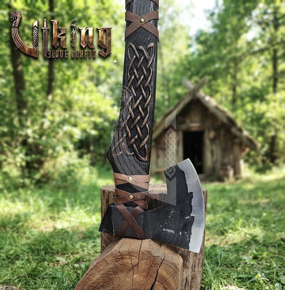 Hand-Forged Viking Bearded Axe 30" | Norse Knotwork Carved Curved Ashwood