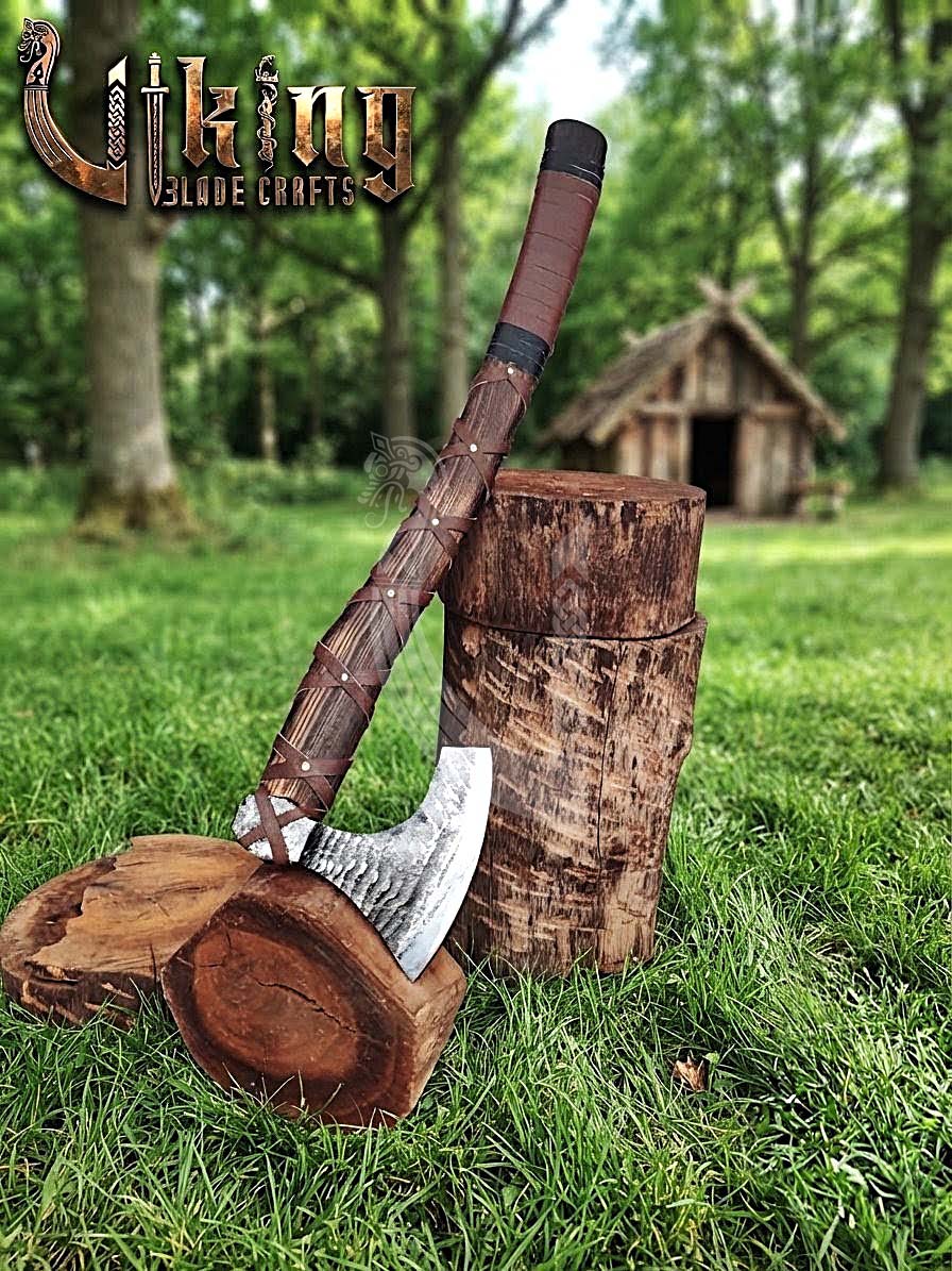 True Hand-Forged Viking Bearded Axe 30" | Leather-Wrapped Upswept Skeggøx