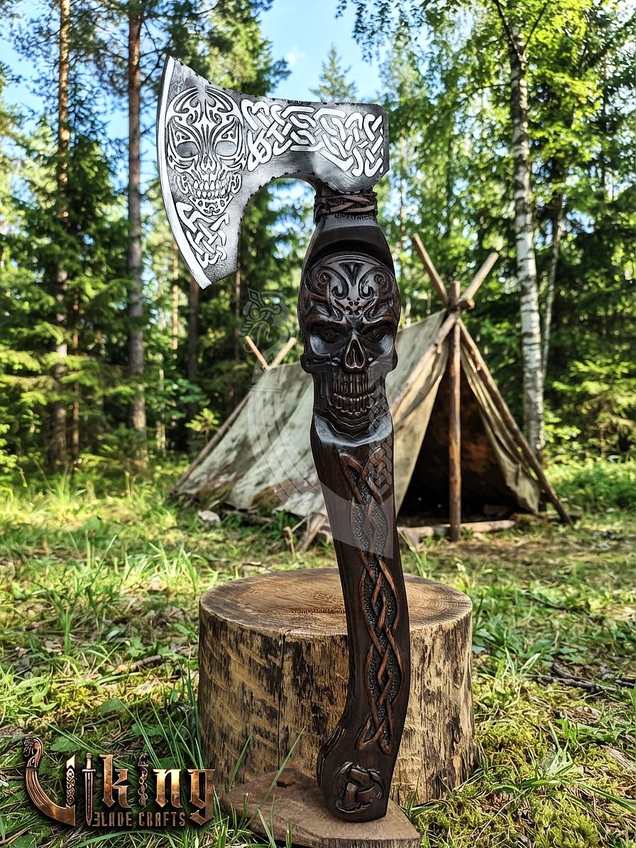 Hand-Forged 23" Norse Skull Carved Rosewood Axe | Skull Etched