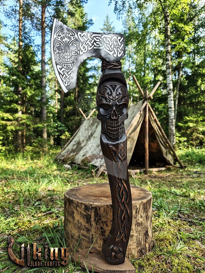 Hand-Forged 23" Norse Skull Carved Rosewood Axe | Skull Etched
