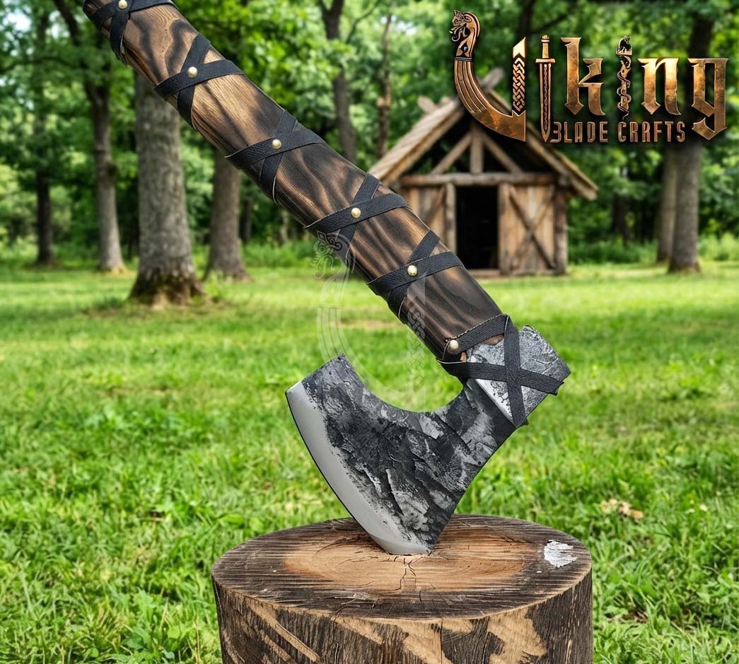 True Hand-Forged Viking Bearded Axe 30" | Leather-Wrapped Hooked Skeggøx