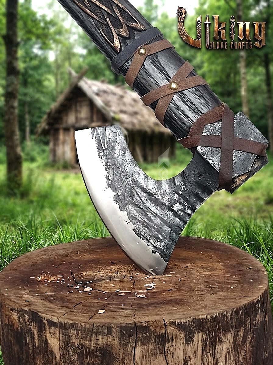 Ragnar-Inspired Viking Axe | Hand-Forged Knotwork Carved Ashwood