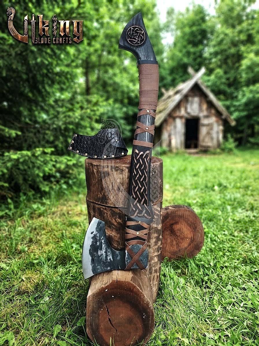 Hand-Forged Viking Bearded Axe 30" | Urnes-Style Knotwork Carved Ashwood
