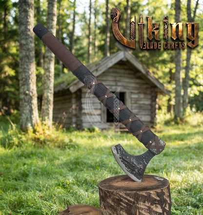 True Hand-Forged Viking Bearded Axe 30" | Leather-Wrapped Broad-Beard Skeggøx