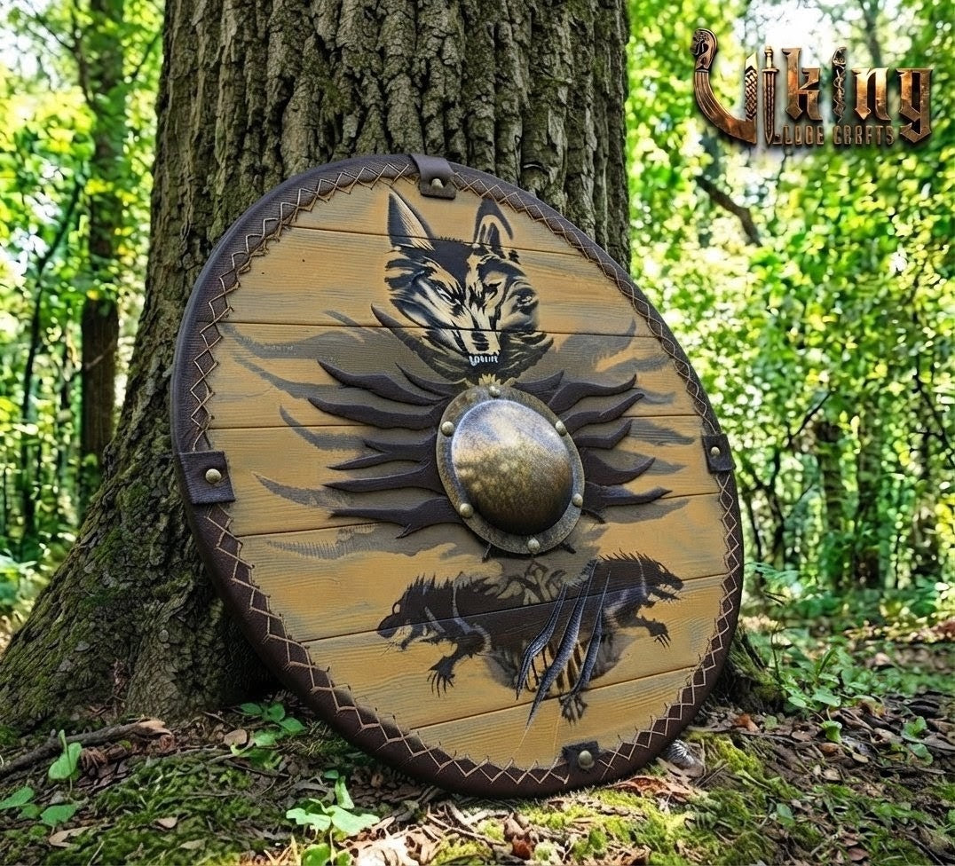 Fenrir's Pack Leather-Trimmed Wolf Viking Shield