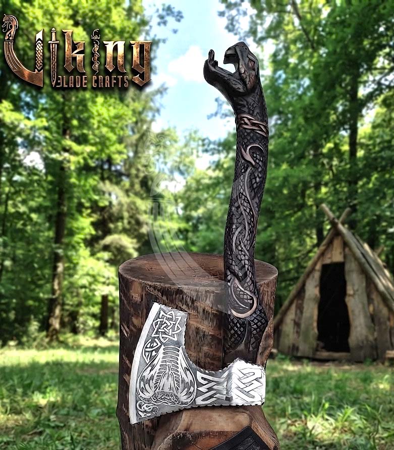 The Wyrm’s Fang 23" Hand-Forged Norse Carved Serpent Rosewood Axe