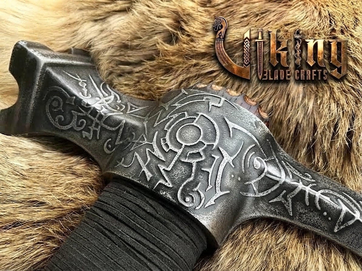 Skull War Hammer - Compact Engraved Carbon Steel Viking Hammer