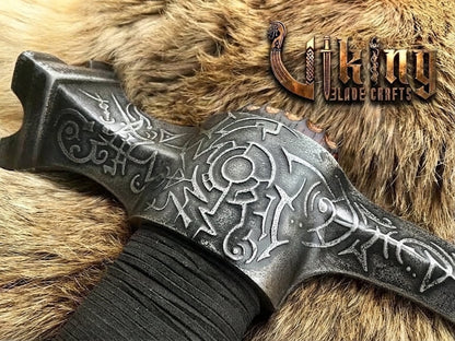 Skull War Hammer - Compact Engraved Carbon Steel Viking Hammer