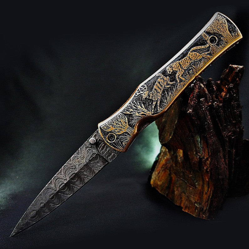 Hand-Carved Wildlife Theme Damascus Pocket Knife – Collector’s Edition - Viking Blade Crafts