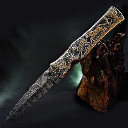 Hand-Carved Wildlife Theme Damascus Pocket Knife – Collector’s Edition - Viking Blade Crafts