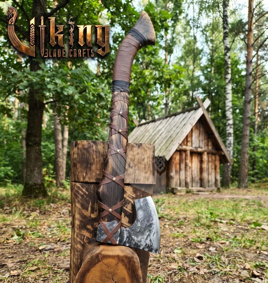True Hand-Forged Viking Bearded Axe 30" | Leather-Wrapped Recurve Skeggøx