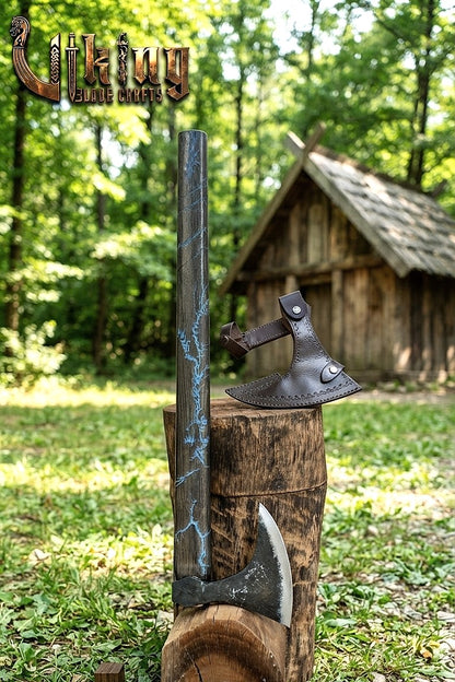 Ragnar-Inspired Viking Axe | Blue Engraved Ashwood Handle