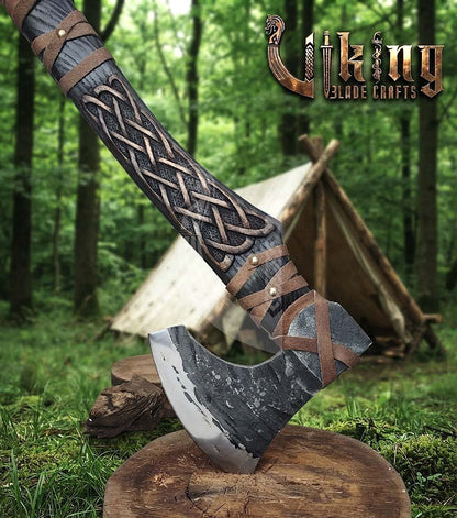 Ringerike-Style Viking Bearded Axe 30" | Curved Carved Haft & Flat Poll