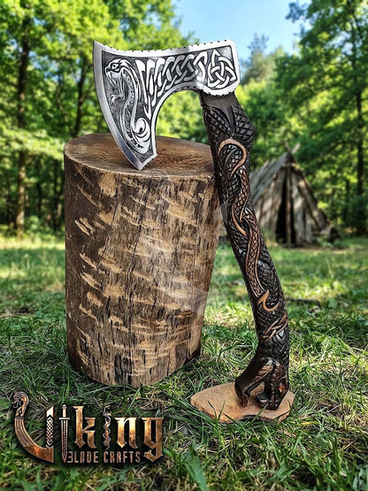 The Jormungandr Wrath 23" Hand-Forged Norse Serpent Carved Rosewood Axe