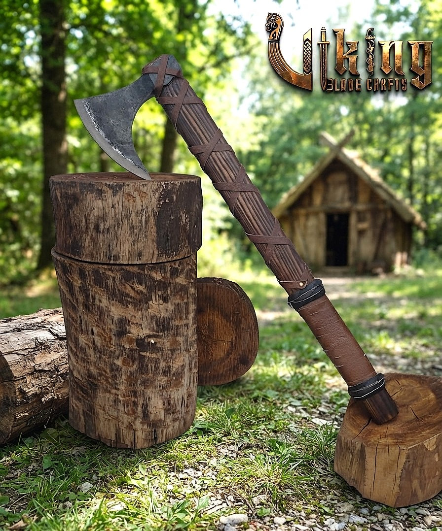 Ragnar-Inspired Viking Bearded Axe | Dark Brown Leather-Wrapped