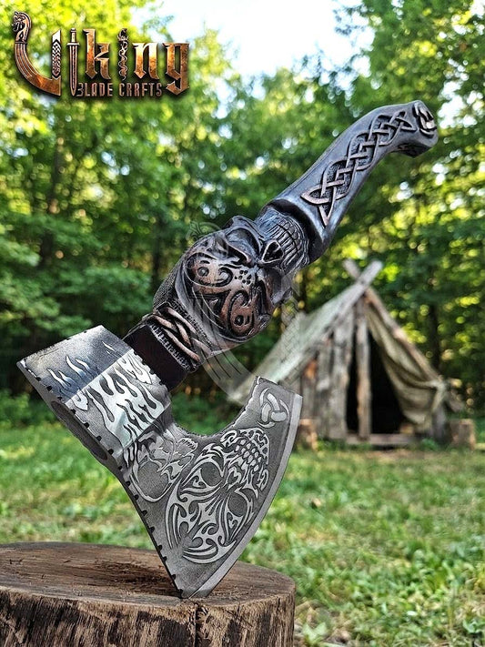 The Garmr’s Howl 23" Hand-Forged Skull Carved Rosewood Axe