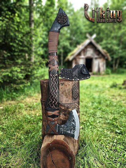 Hand-Forged Viking Bearded Axe 30" | Urnes-Style Knotwork Carved Ashwood