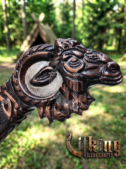 Hand-Forged 23" Norse Goat Carved Rosewood Axe | Goat Etched