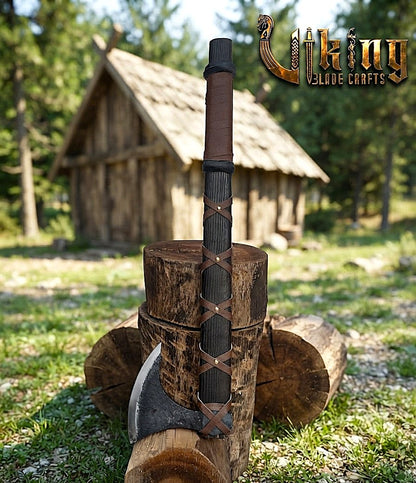 Ragnar-Inspired Viking Axe | Leather-Wrapped Bearded Axe