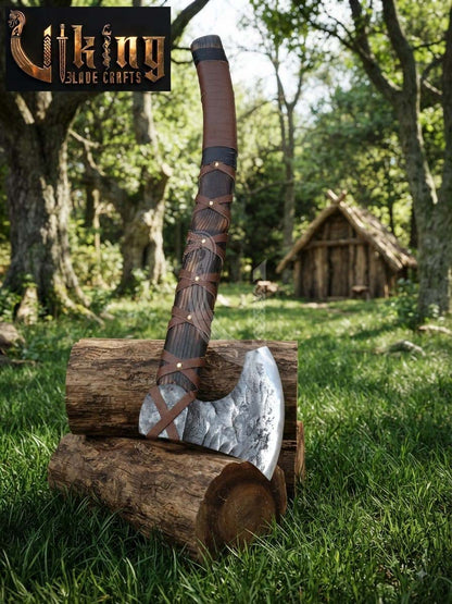 True Hand-Forged Viking Bearded Axe 30" | Leather-Wrapped Curved Skeggøx
