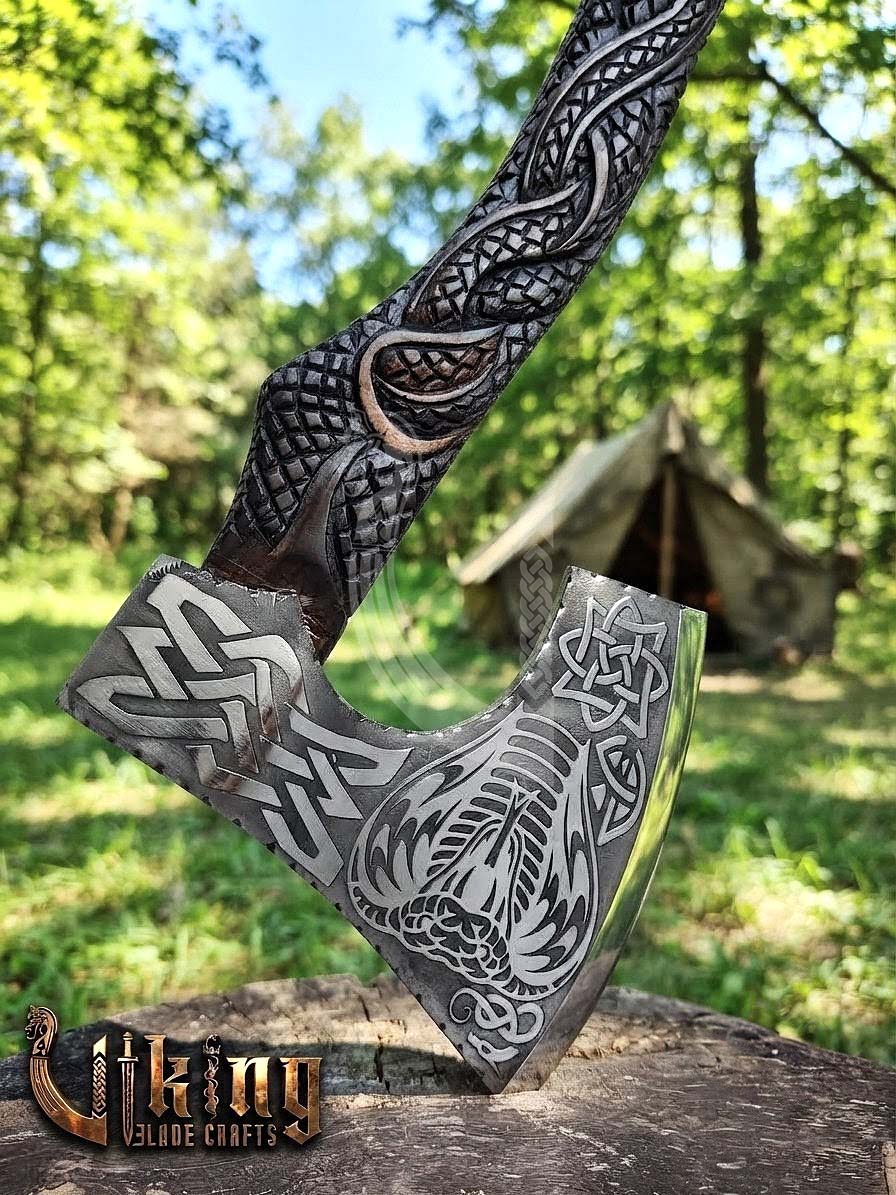 The Wyrm’s Fang 23" Hand-Forged Norse Carved Serpent Rosewood Axe